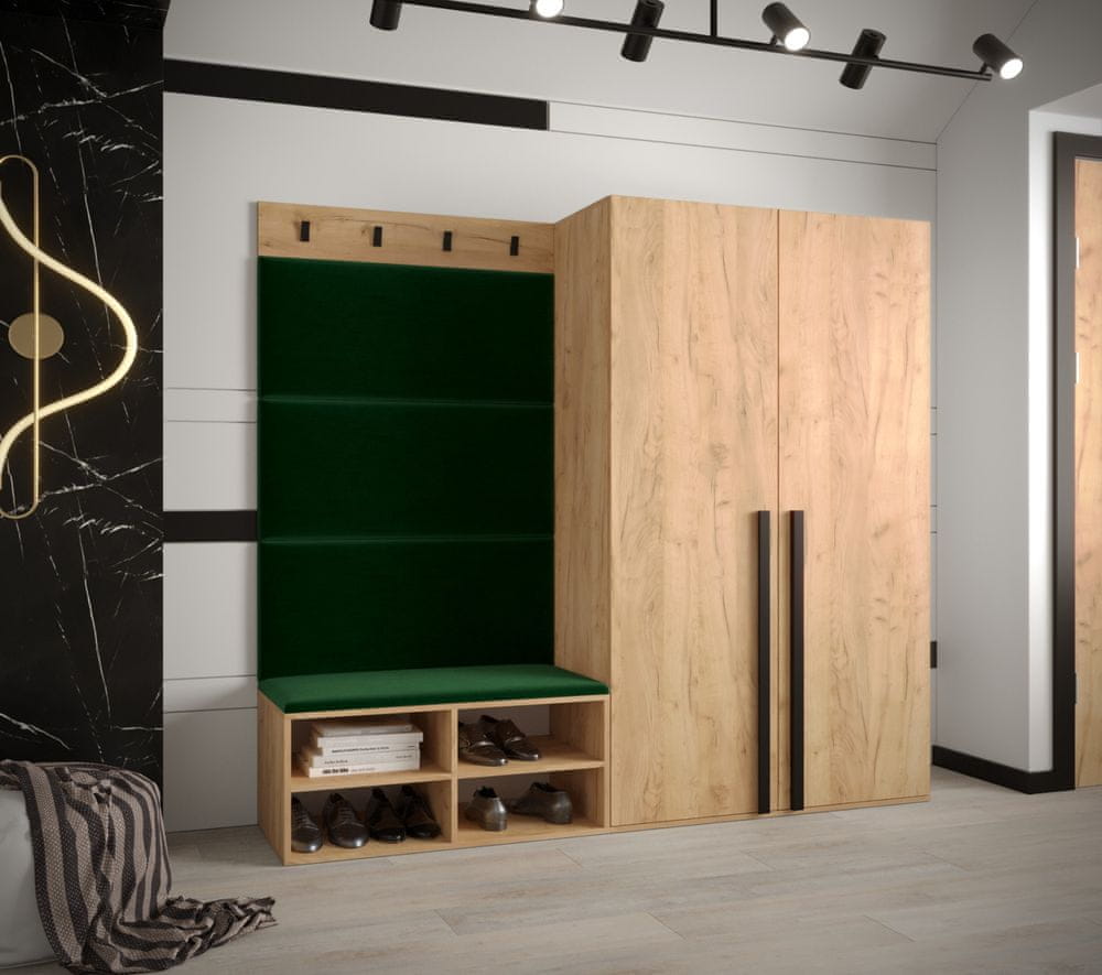 Veneti Predsieňový nábytok s čalúnenými panelmi HARRISON - dub zlatý, zelené panely